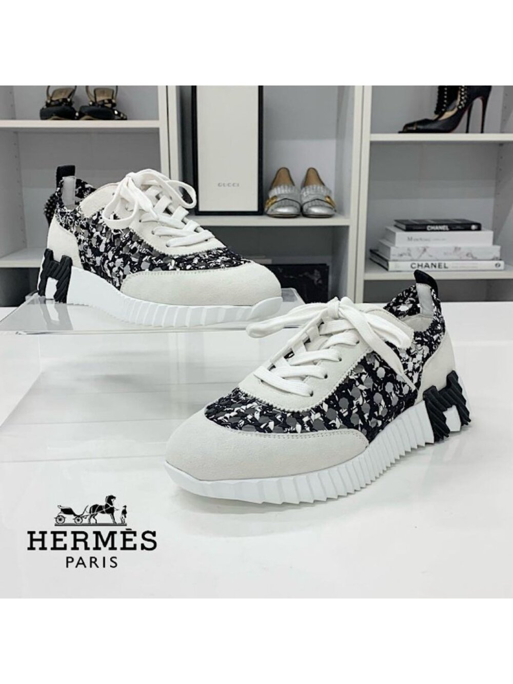 Hermes Bouncing Braided Silk Suede Sneakers Black Gray